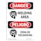 Signmission Safety Sign, OSHA Danger, 14" Height, Welding Area With Symbol Bilingual Spanish OS-DS-D-1014-VS-1620 - alternate 1